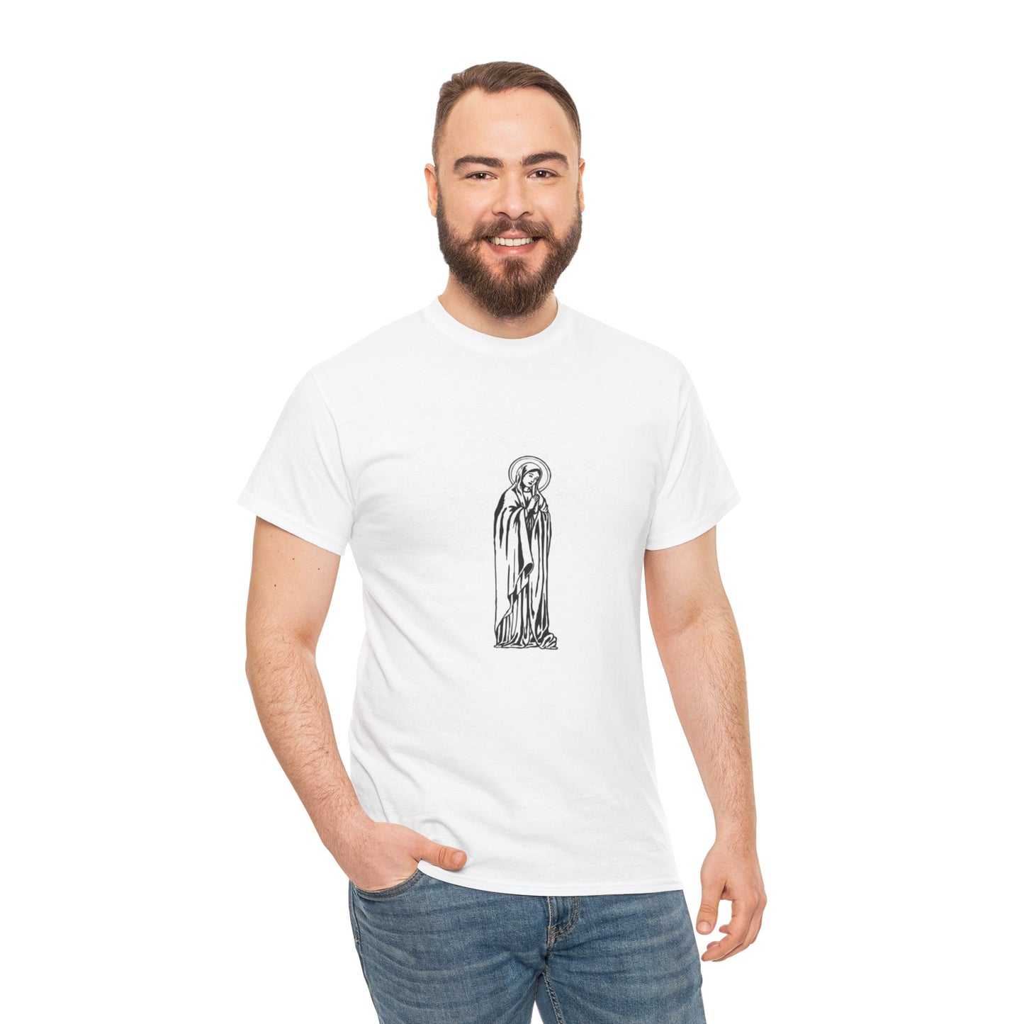 Unisex Heavy Cotton Tee with Artistic Saint Design - Casual Wear, Gift for Faith, Graphic Shirt, Everyday Tee, Spiritual Apparel