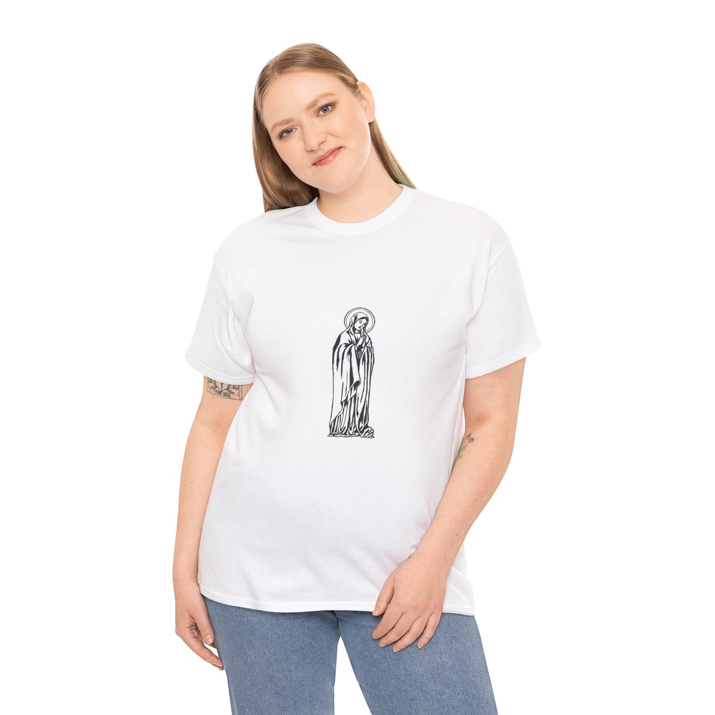 Unisex Heavy Cotton Tee with Artistic Saint Design - Casual Wear, Gift for Faith, Graphic Shirt, Everyday Tee, Spiritual Apparel
